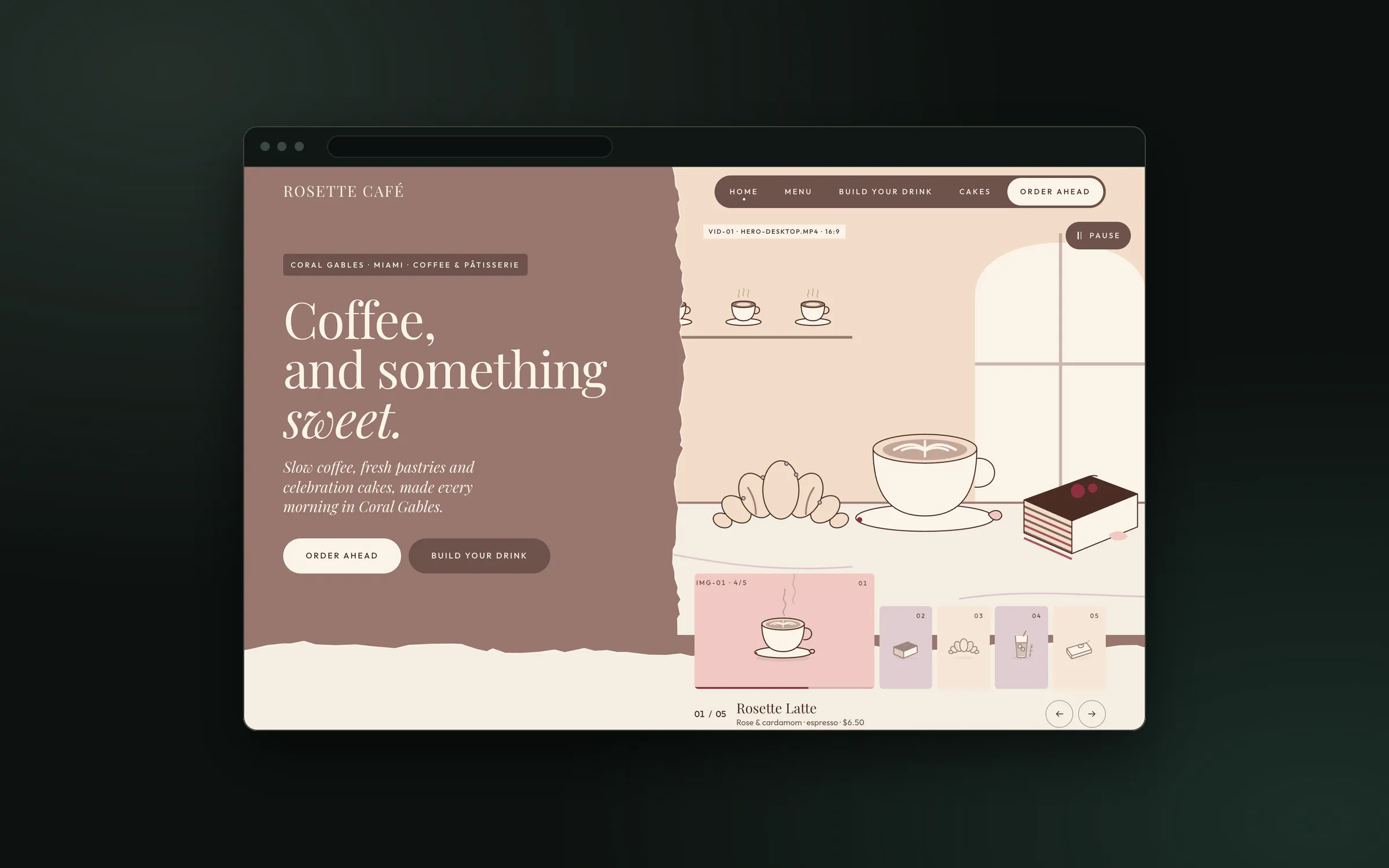 Rosette Café — home page hero: the headline “Coffee, and something sweet.” with Order Ahead and Build Your Drink buttons on a torn-paper mauve panel, beside an illustrated café counter and a rail of five signature items opening on the Rosette Latte